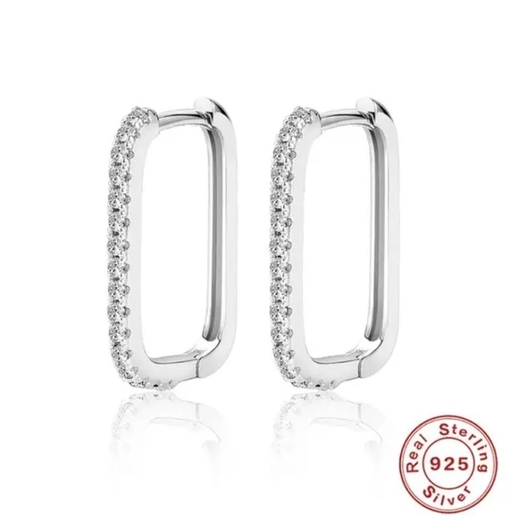 1.8mm D VVS1 Moissanite Paperclip 18K Silver Hoop Earrings NEW - Picture 8 of 9